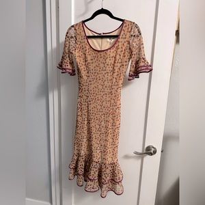 TATYANA pencil dress, peach with multicolor dots, flared half sleeves, & ruffles